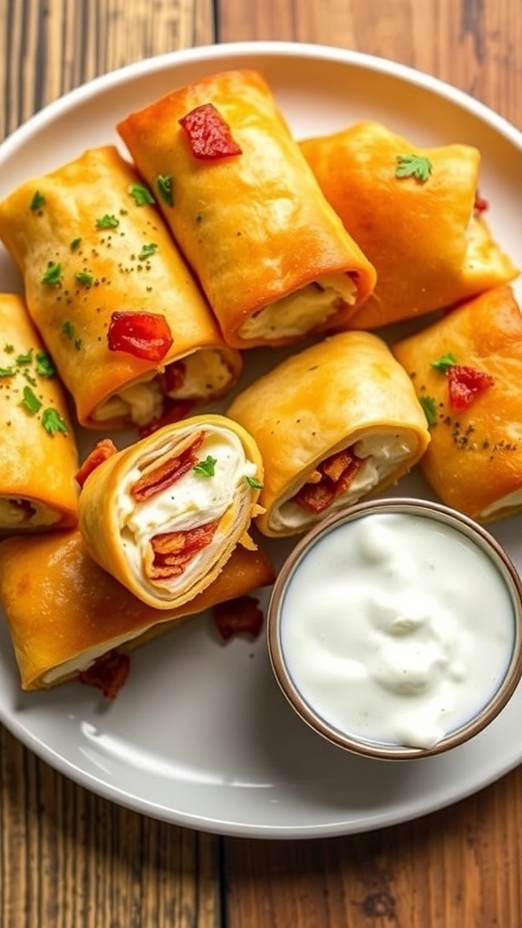Sliced air fryer chicken bacon ranch roll-ups on a plate with ranch dressing.